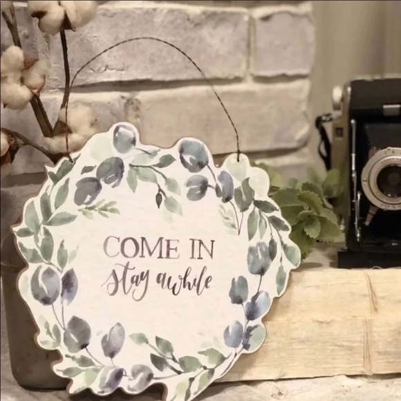 9" Hanging Wood Sign: Come In Stay Awhile - Picture 2 of 2
